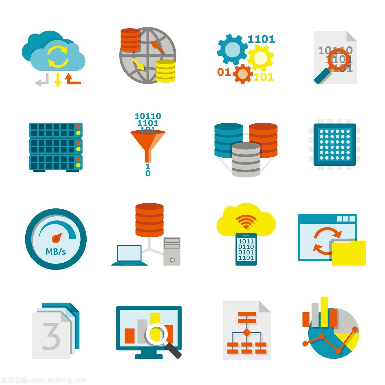 数据库分析平面图标集 信息处理与业务决策的视觉化纽带